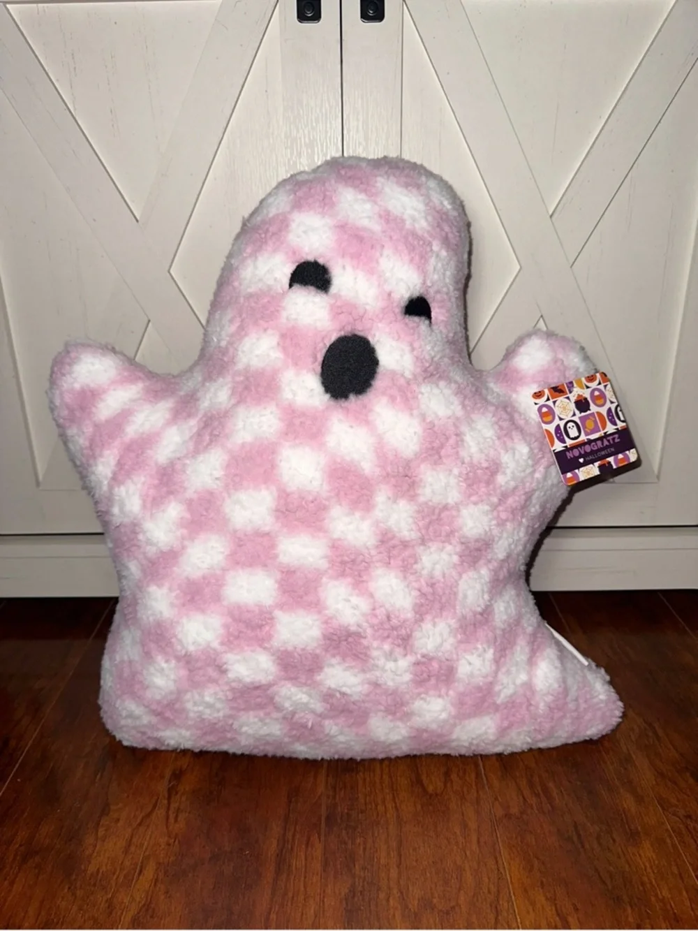 Pink & White Checkered Ghost Plush Decorative Pillow